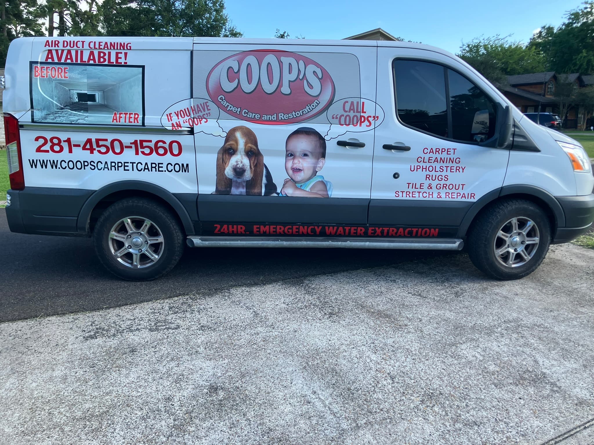 Coop's Carpet & Air Duct Cleaning service truck in Huffman, TX